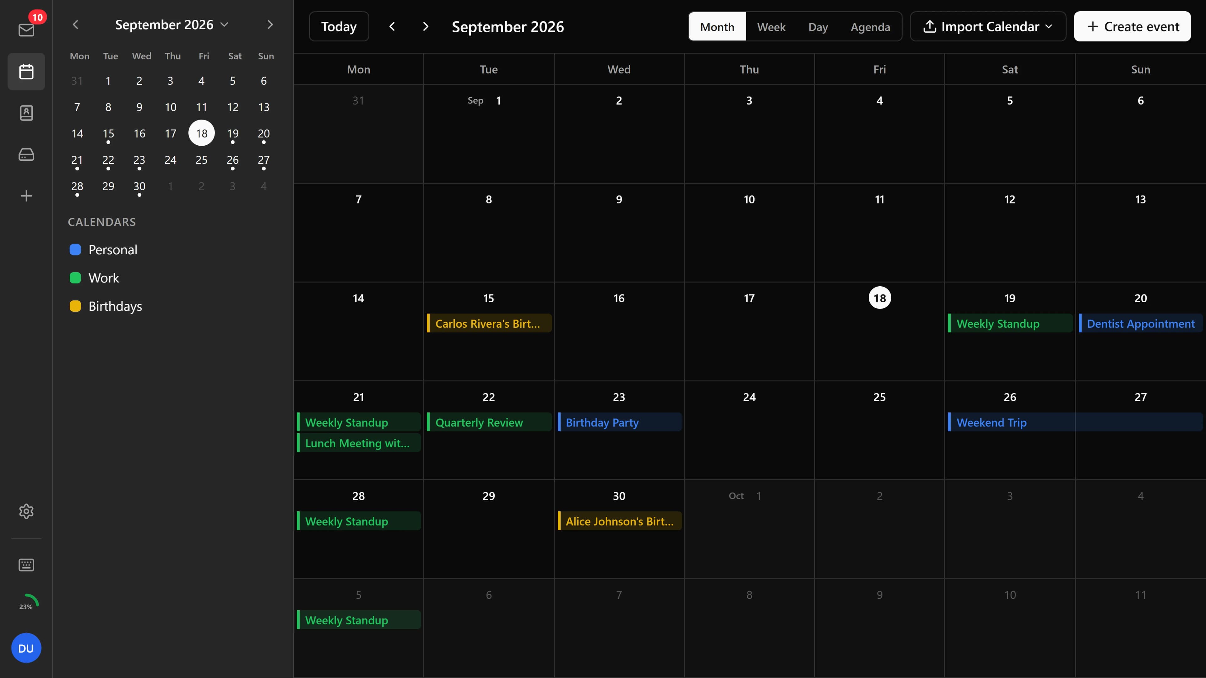 The calendar in month view with several events