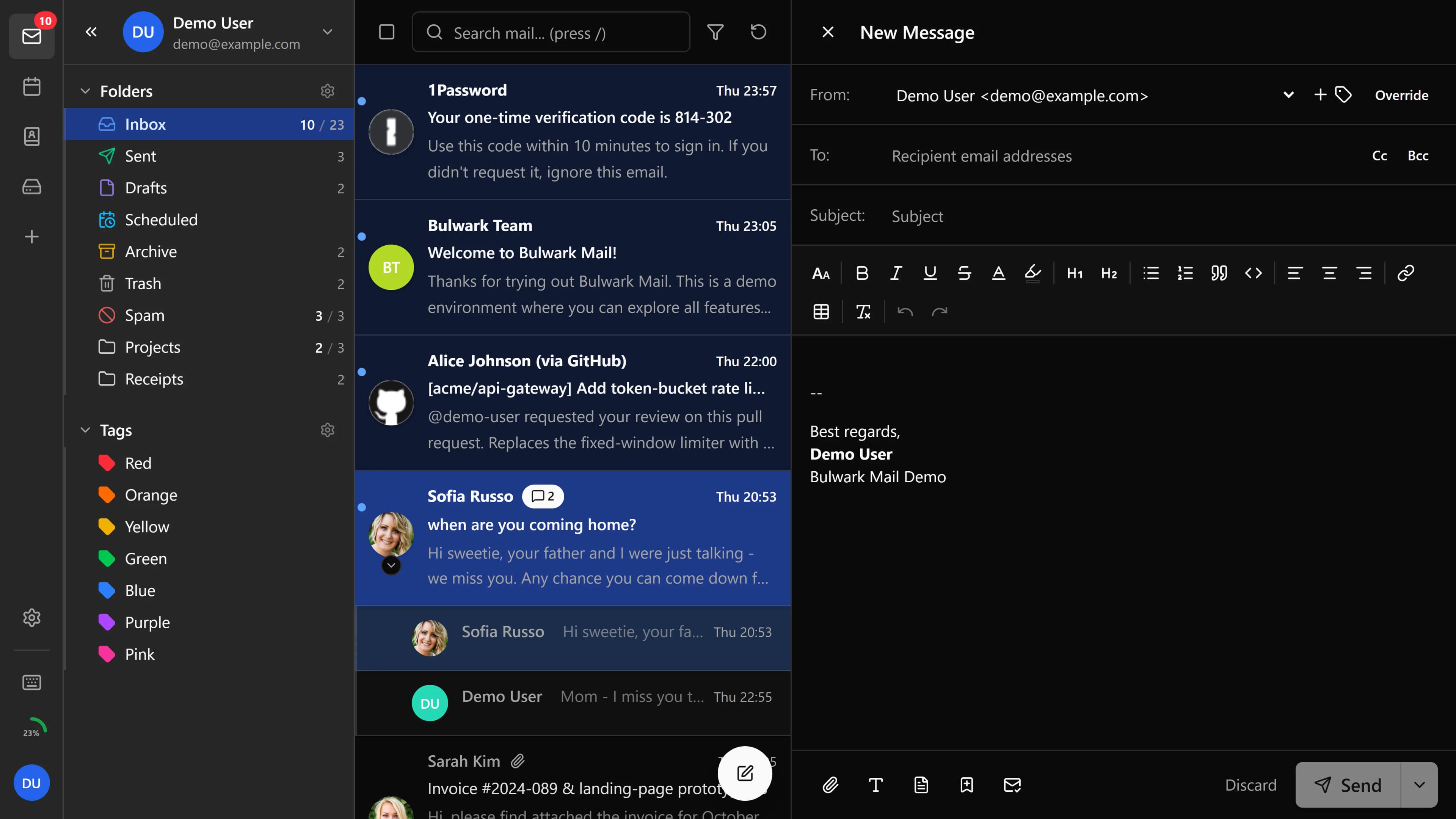 The composer with a draft open over the inbox