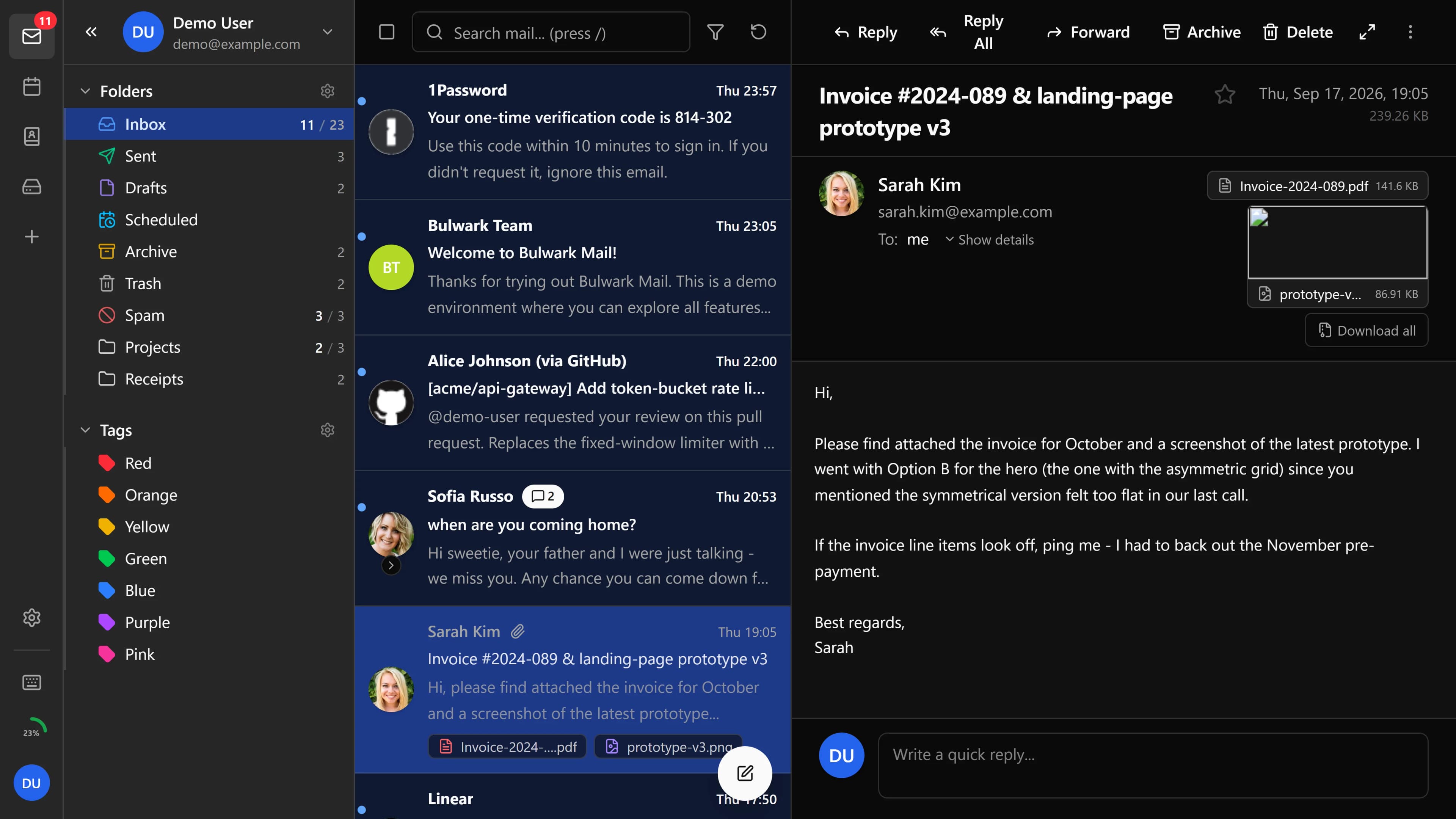The Bulwark inbox with a message open in the reading pane