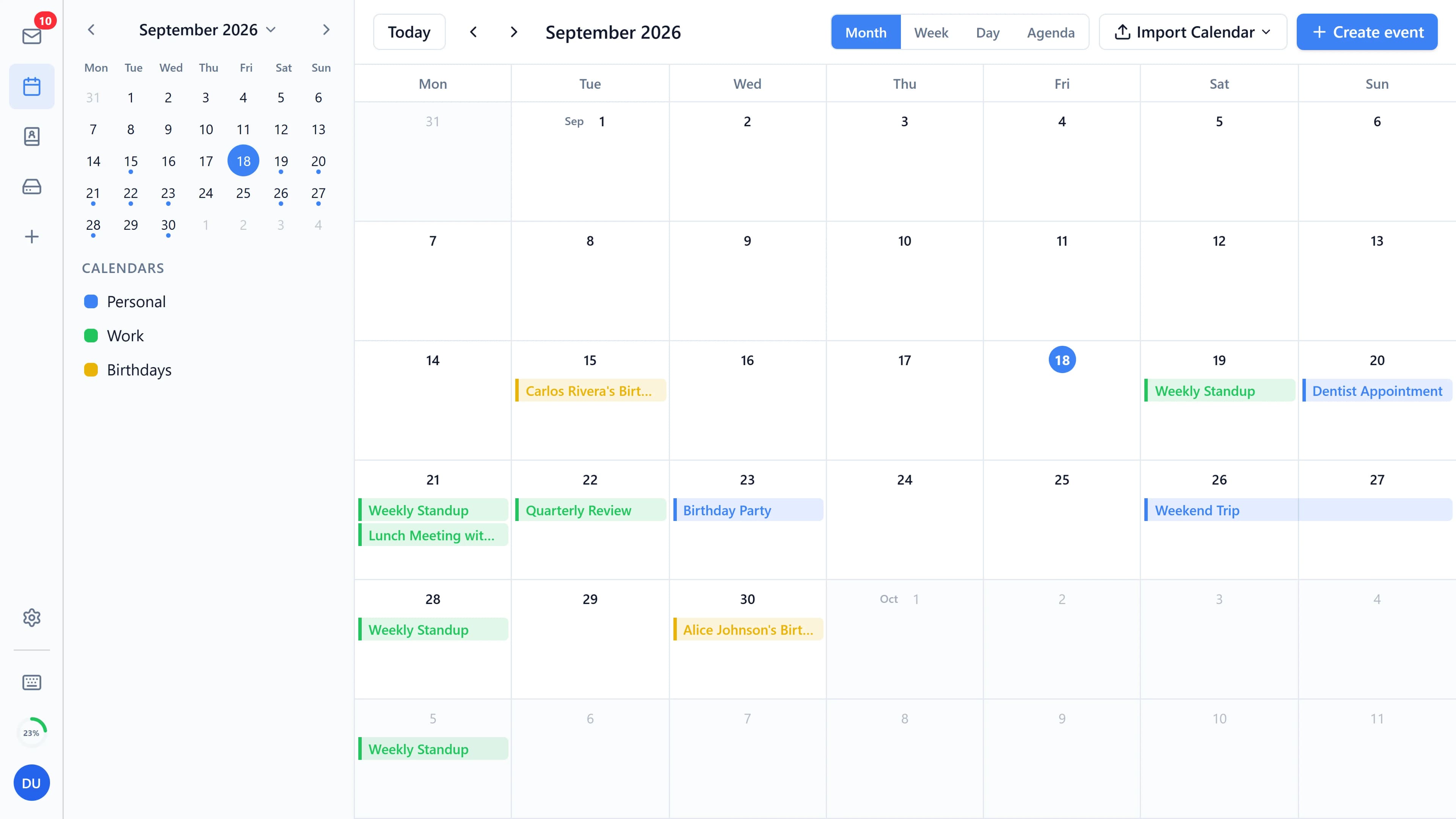 The calendar in month view with several events