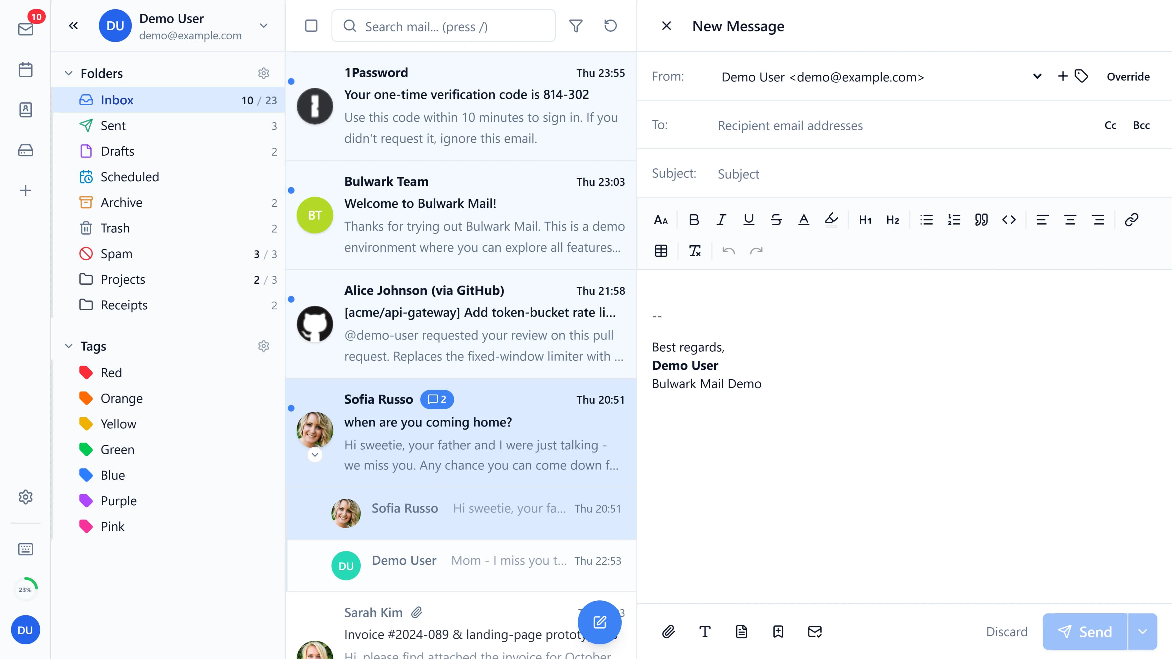 The composer with a draft open over the inbox