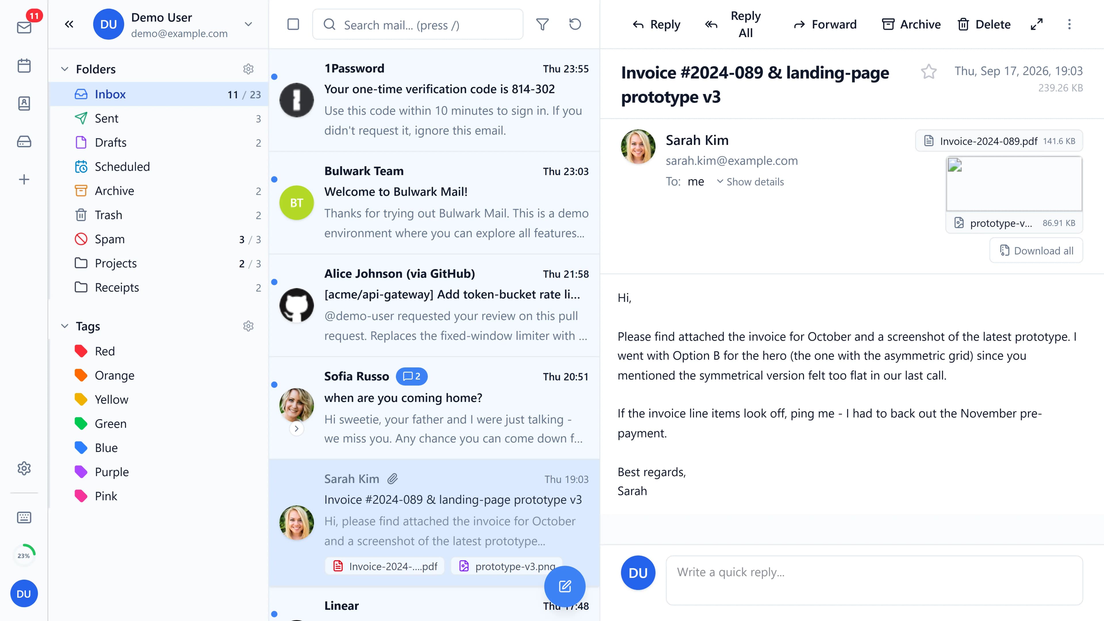 The Bulwark inbox with a message open in the reading pane