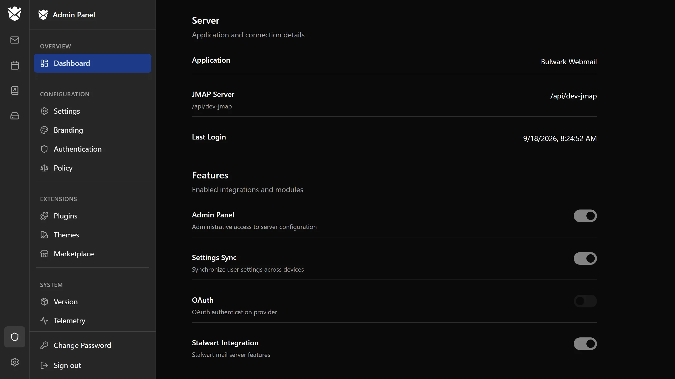 The admin dashboard: server details and enabled features, with the section list on the left