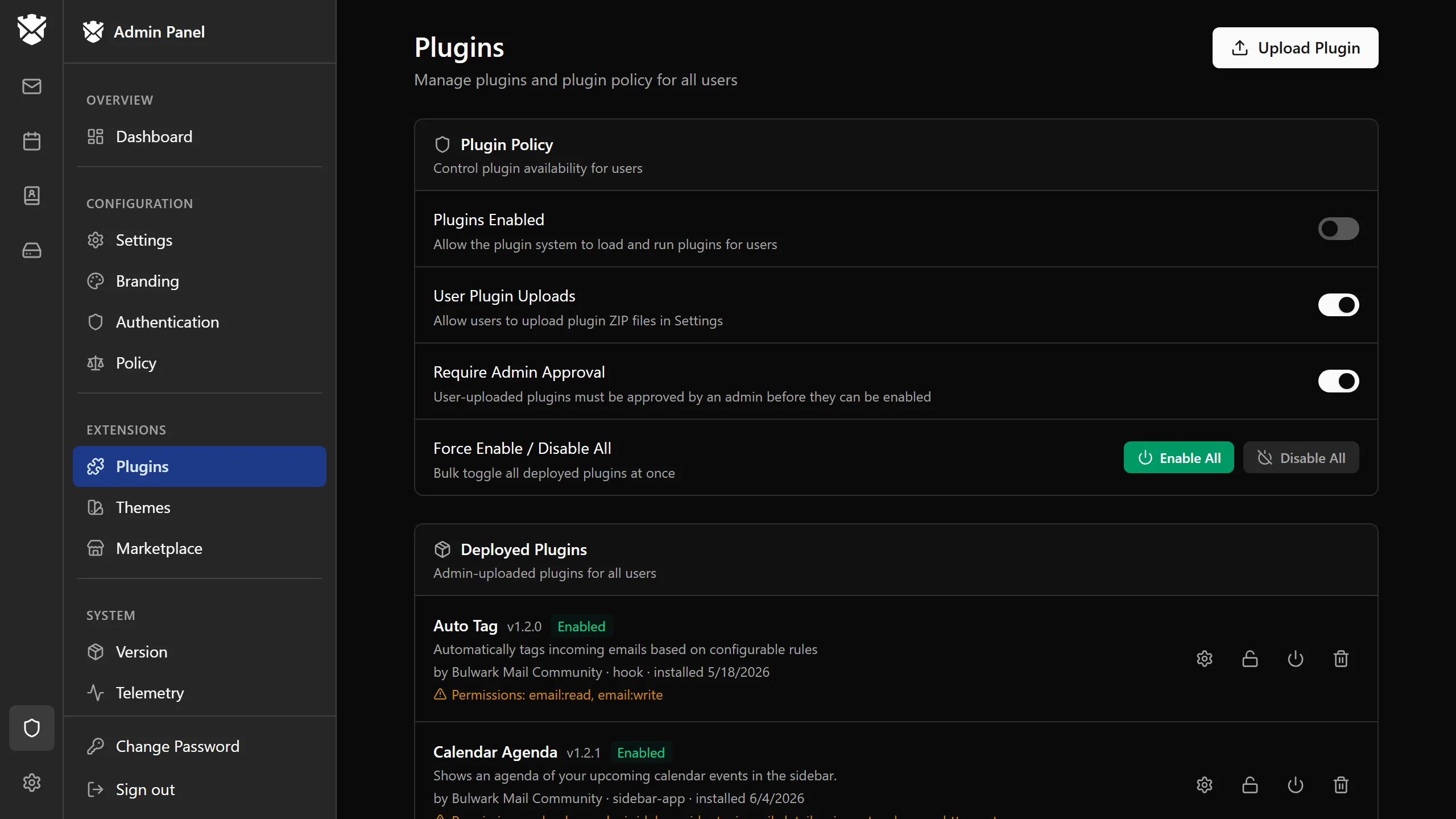 The Plugins section of the admin dashboard