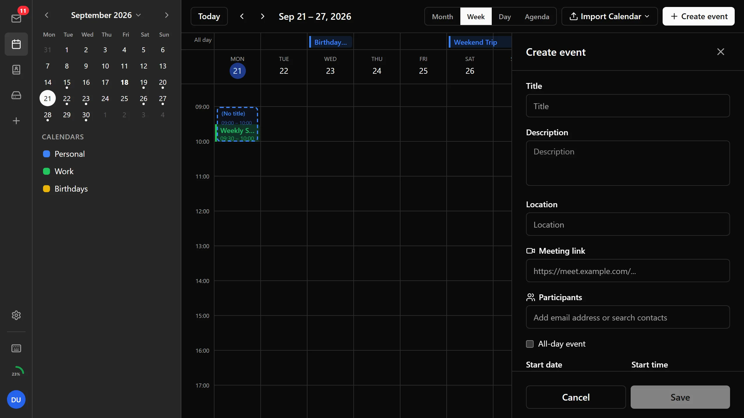 Bulwark calendar event creation