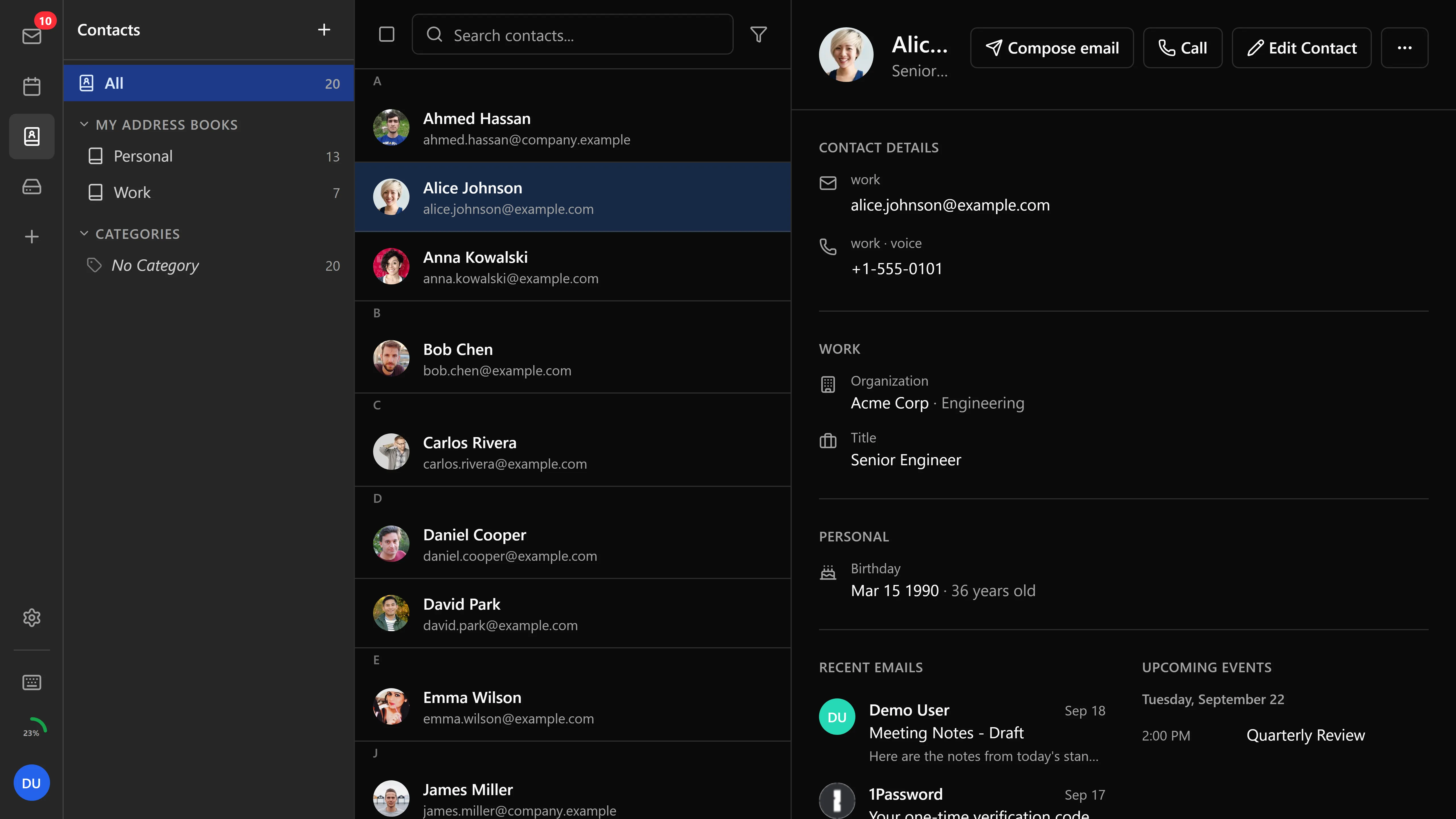 A contact's detail view, showing recent mail and upcoming events with that person