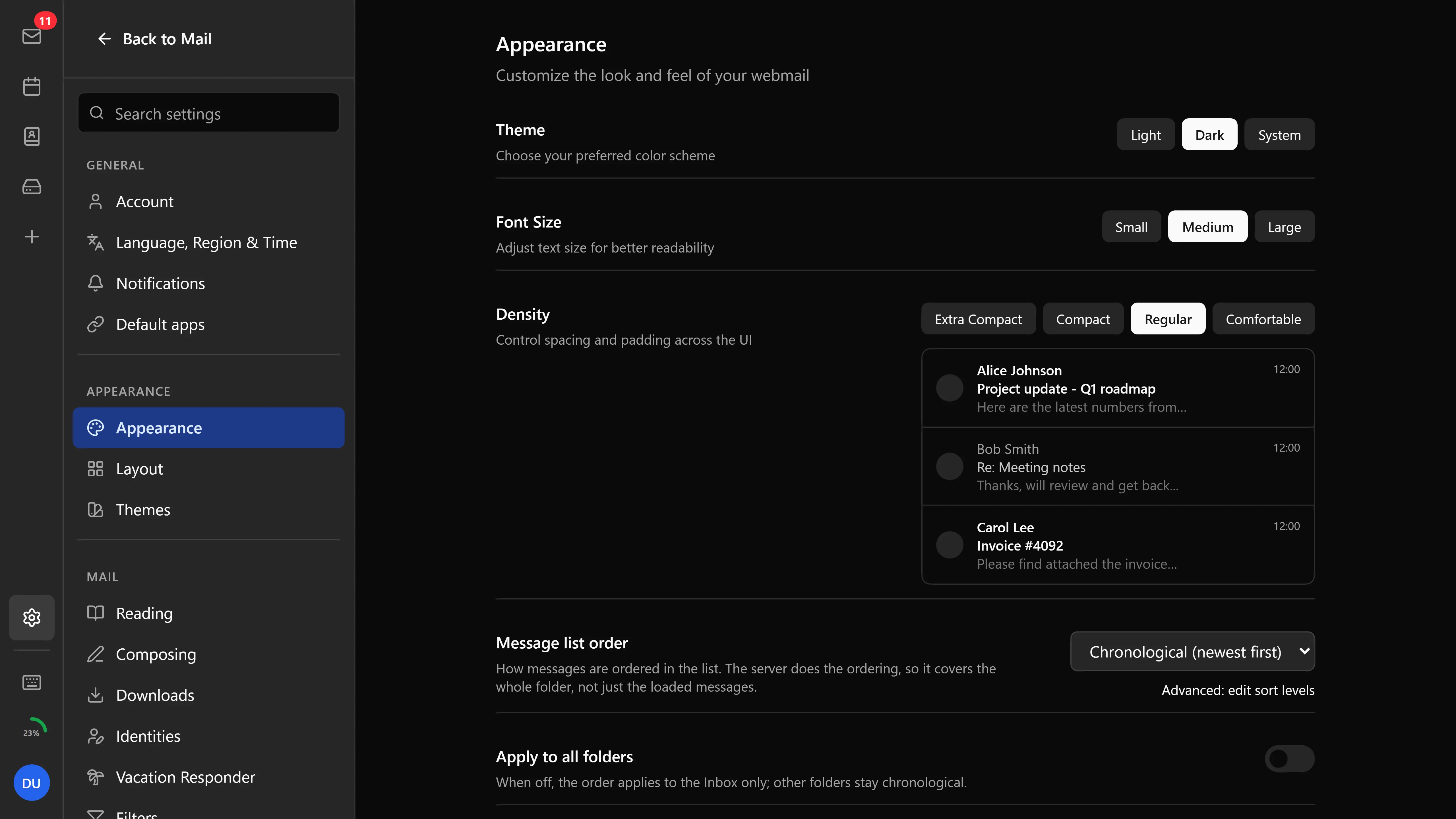 Appearance settings: theme, font size, and density with a live preview