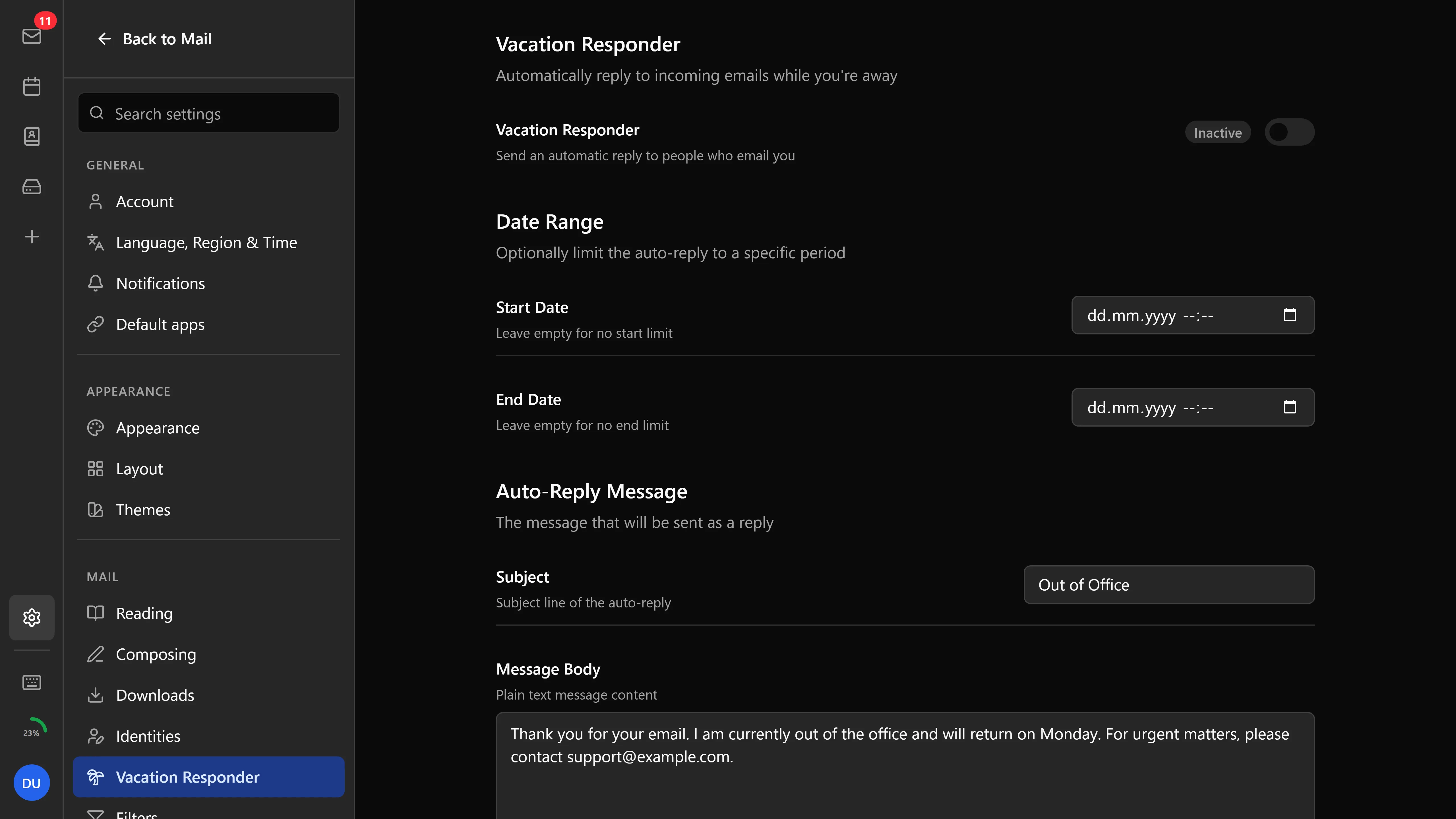 Vacation responder settings with a date range and an HTML auto-reply