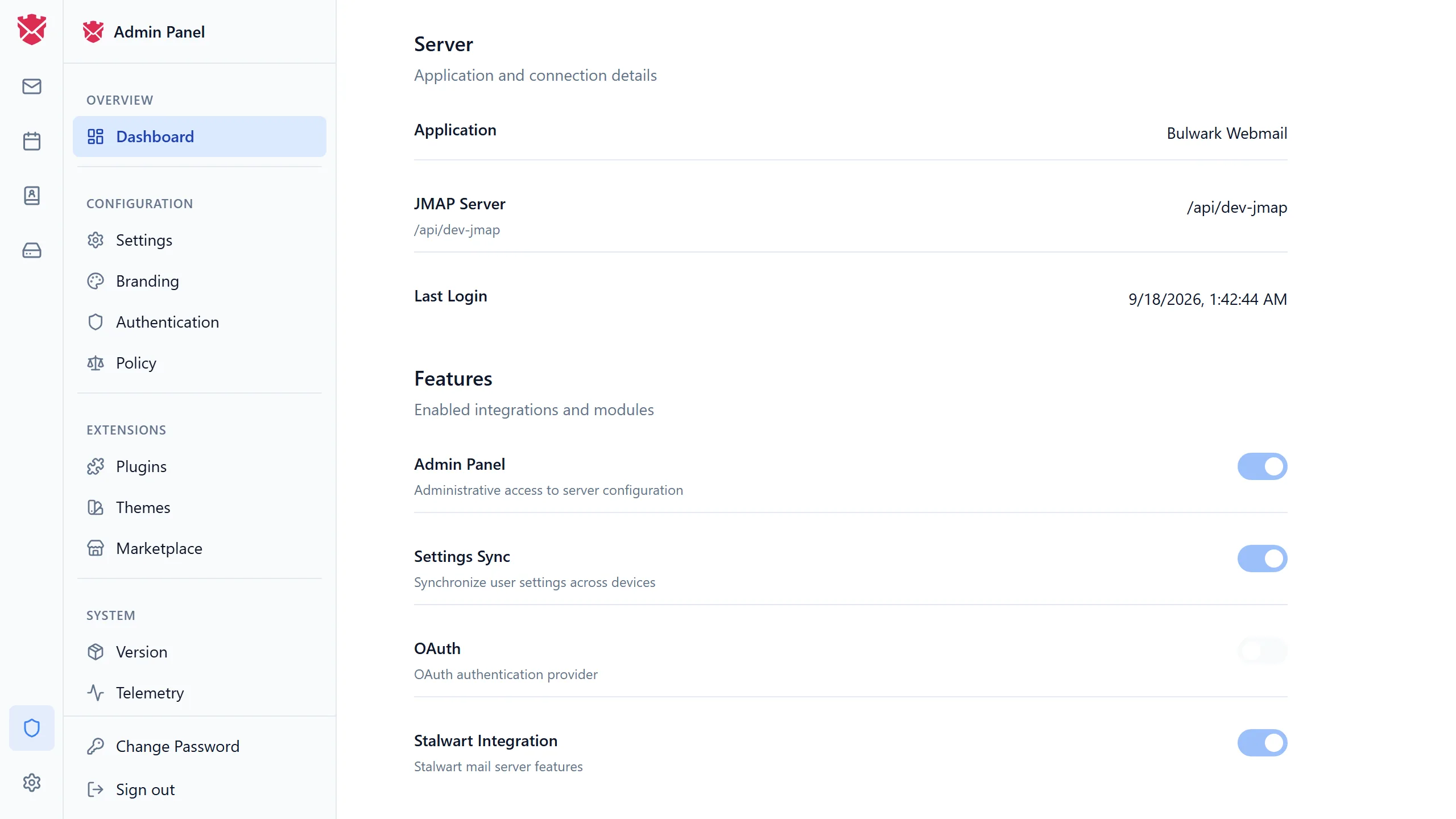 The admin dashboard: server details and enabled features, with the section list on the left