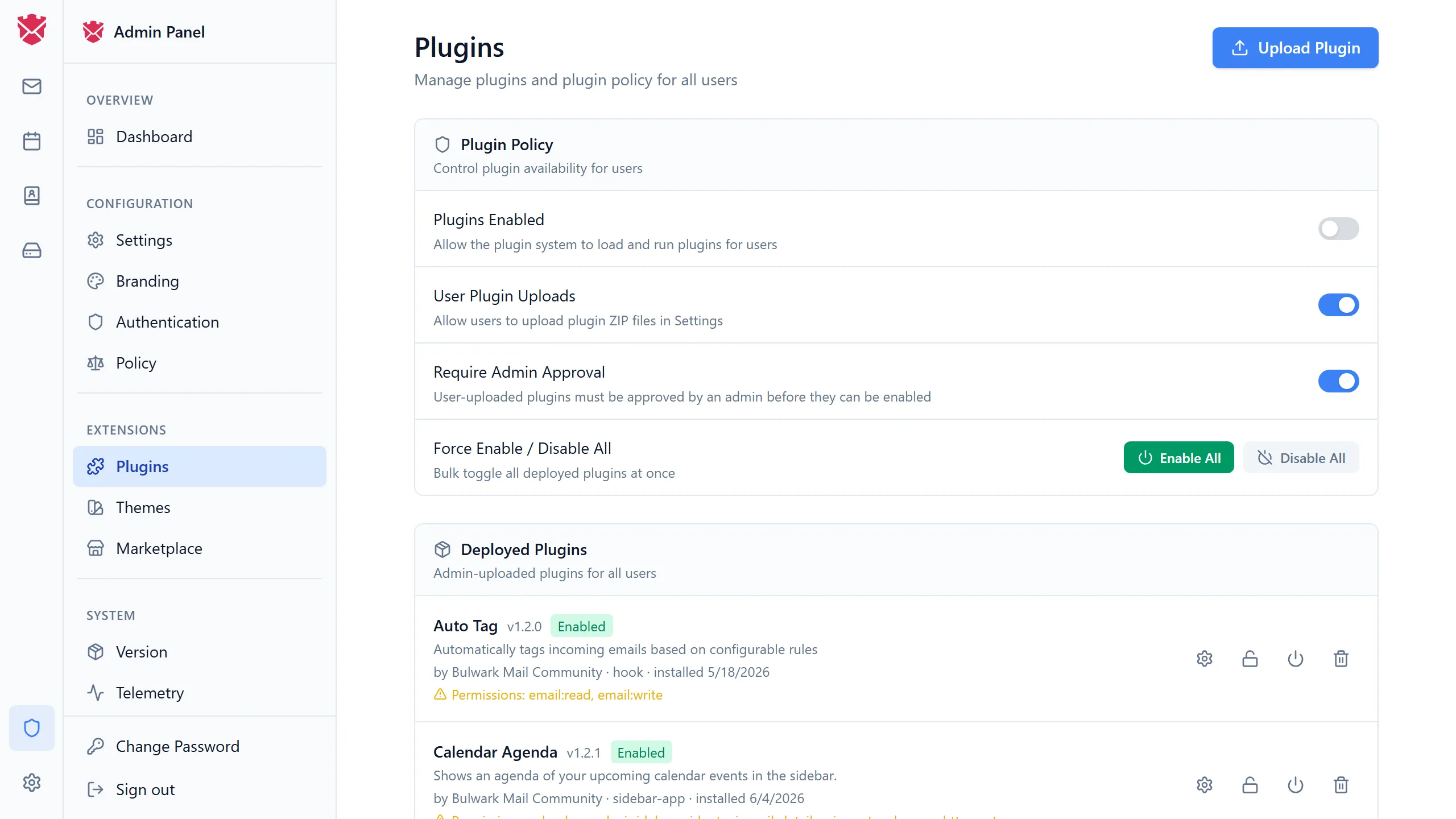 The Plugins section of the admin dashboard
