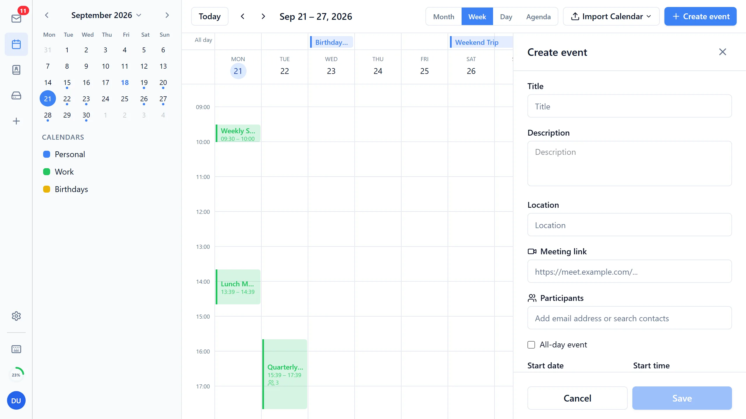 Bulwark calendar event creation