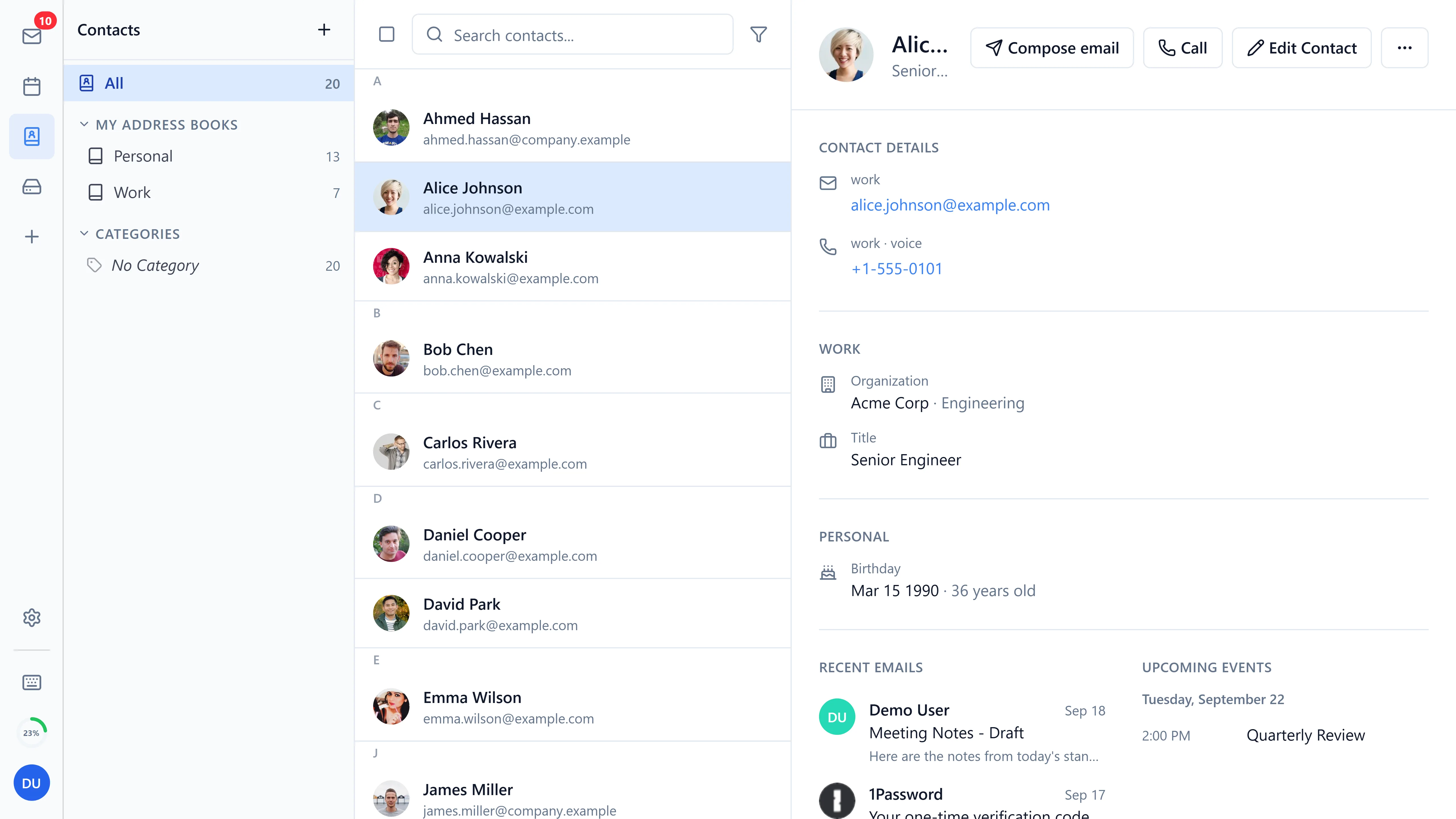 A contact's detail view, showing recent mail and upcoming events with that person