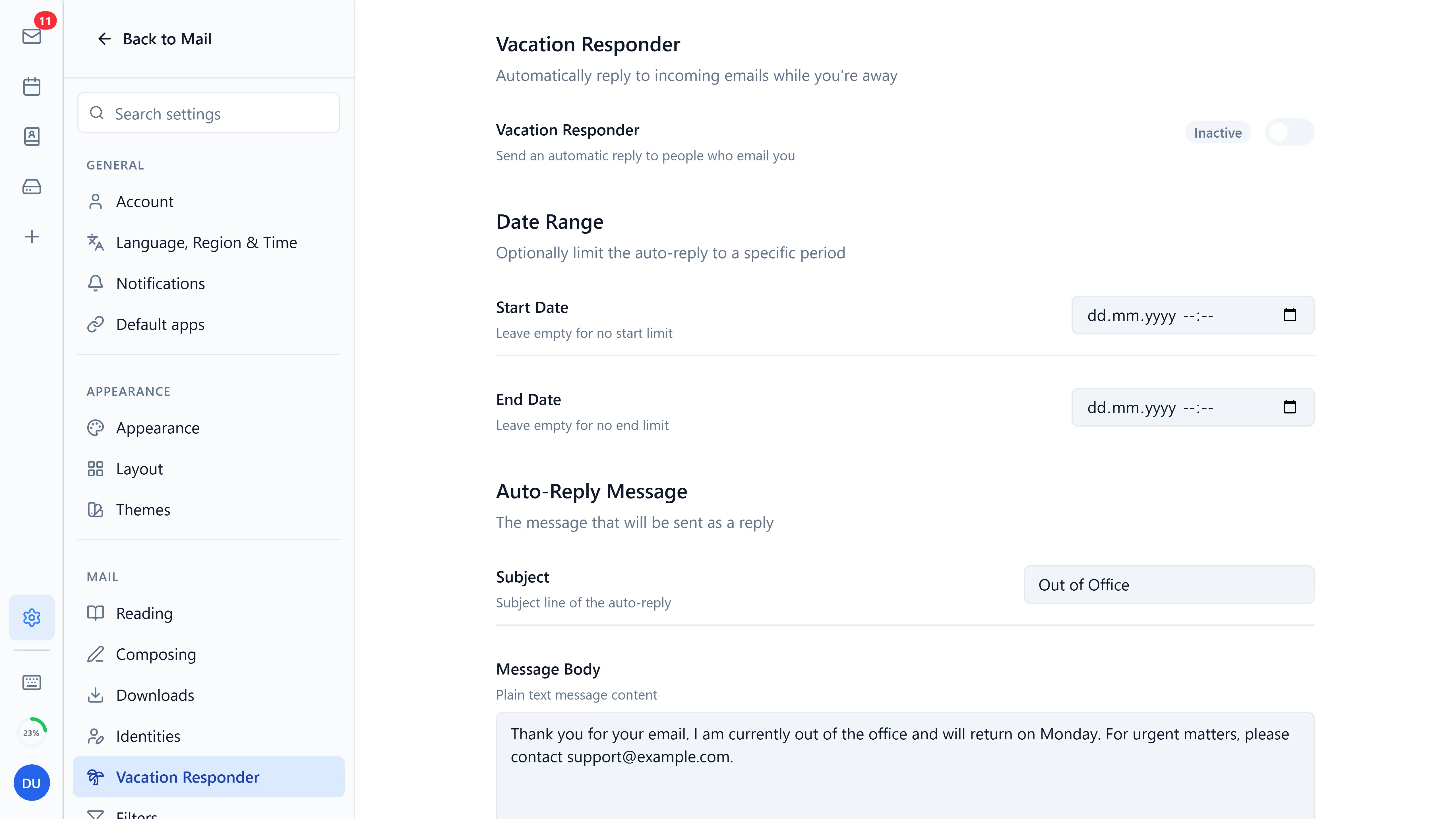 Vacation responder settings with a date range and an HTML auto-reply